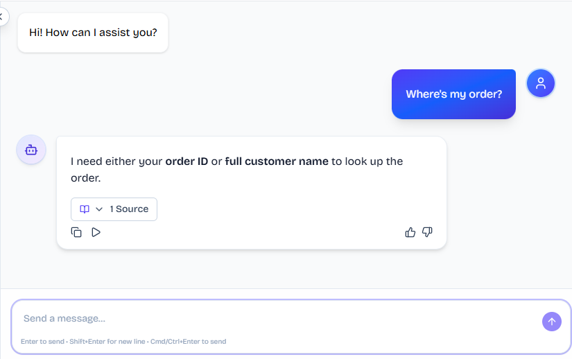 Output artifact for "Ambiguity Resolution and Clarification" test: The bot asked for clarification by requesting either the order ID or the customer’s full name before it could look up the order., FS_agent_KB-Answering_AmbiguousQueryHandling_Q14_WhereOrder.png