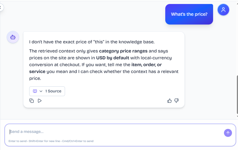 Output artifact for "Ambiguity Resolution and Clarification" test: The bot said it did not have the exact price of “this” in the knowledge base and asked the user to specify the item, order, or service they meant., FS_agent_KB-Answering_AmbiguousQueryHandling_Q16_WhatPrice.png