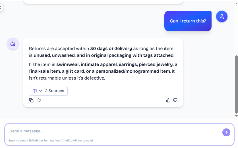 Output artifact for "Ambiguity Resolution and Clarification" test: The bot answered at the general-policy level: returns are accepted within 30 days if the item is unused, unwashed, and in original packaging, with clear exceptions for non-returnable categories., FS_agent_KB-Answering_AmbiguousQueryHandling_Q15_CanReturn.png