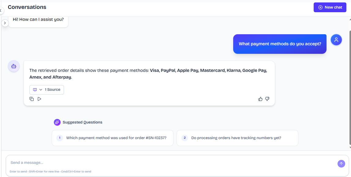 Output artifact for "Knowledge-Base FAQ and Policy Answering" test: The bot listed Visa, PayPal, Apple Pay, Mastercard, Klarna, Google Pay, Amex, and Afterpay, matching the retrieved evidence., FS_agent_KB-Answering_BasicRetrieval_Q2_PaymentMethods.png