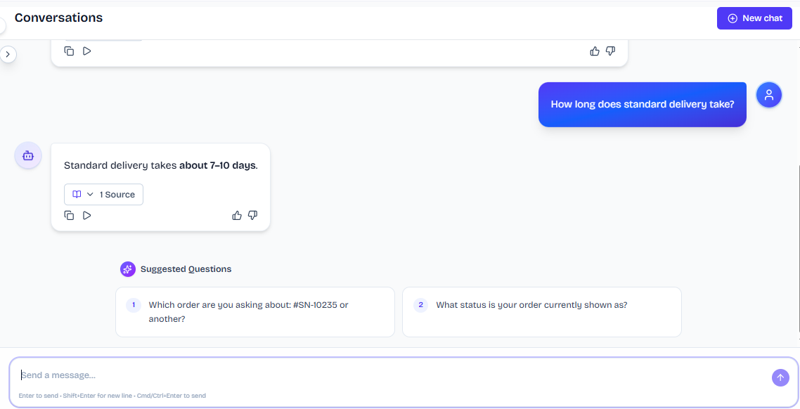 Output artifact for "Knowledge-Base FAQ and Policy Answering" test: The bot answered that standard delivery takes about 7–10 days, which is a direct match to the knowledge base., FS_agent_KB-Answering_BasicRetrieval_Q3_StandardDelivery.png