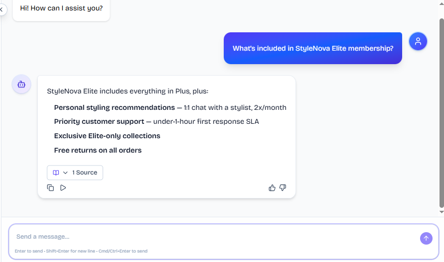 Output artifact for "Knowledge-Base FAQ and Policy Answering" test: The bot listed Elite benefits including personal styling recommendations, priority support, exclusive collections, and free returns on all orders., FS_agent_KB-Answering_BasicRetrieval_Q4_EliteMembership.png