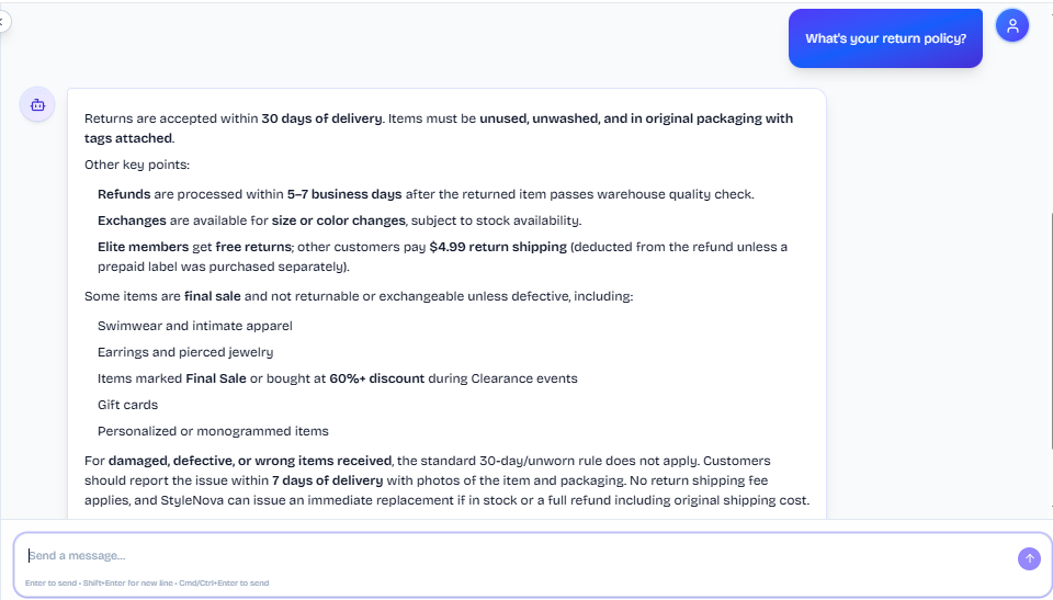 Output artifact for "Knowledge-Base FAQ and Policy Answering" test: The bot gave the full return policy, including the 30-day window, condition requirements, refund timing, exchanges, Elite free returns, non-returnable items, and damaged-item handling., FS_agent_KB-Answering_BasicRetrieval_Q5_ReturnPolicy.png