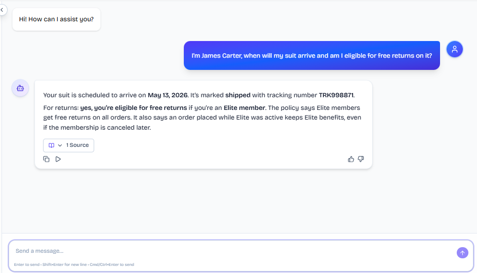 Output artifact for "Cross-Document Customer Lookup" test: The bot combined order details and policy information to say the suit is scheduled to arrive on May 13, 2026 with tracking number TRK998871, and that James Carter is eligible for free returns as an Elite member., FS_agent_KB-Answering_CrossDocReasoning_Q6_JamesCarterOrder.png