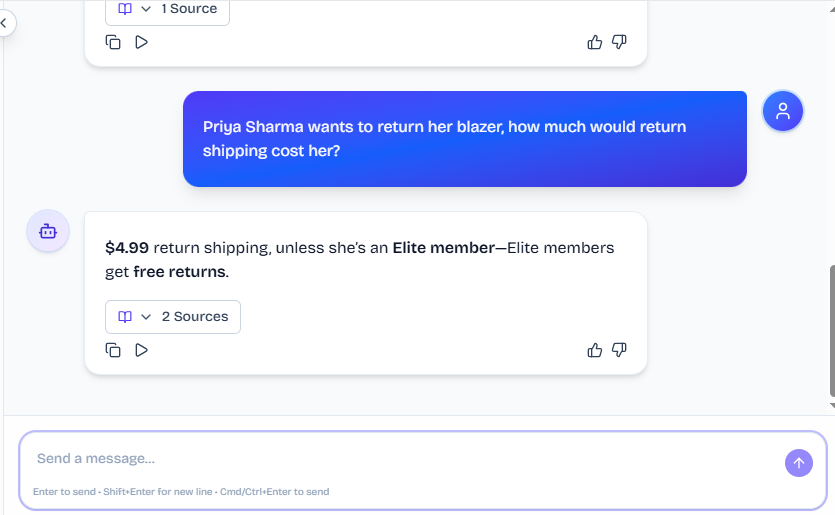 Output artifact for "Cross-Document Customer Lookup" test: The bot answered $4.99 return shipping unless Priya Sharma is an Elite member, in which case returns are free, but it did not confirm which status actually applied to her., FS_agent_KB-Answering_CrossDocReasoning_Q8_PriyaSharmaReturn.png