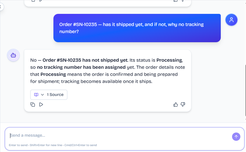 Output artifact for "Cross-Document Customer Lookup" test: The bot said Order #SN-10235 has not shipped yet, is still Processing, and therefore has no tracking number assigned., FS_agent_KB-Answering_CrossDocReasoning_Q7_OrderSN10235.png