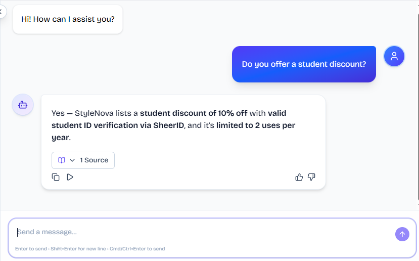 Output artifact for "Knowledge-Base FAQ and Policy Answering" test: The bot answered yes and specified a 10% student discount with SheerID verification and a 2-use-per-year limit., FS_agent_KB-Answering_HallucinationControl_Q10_StudentDiscount.png