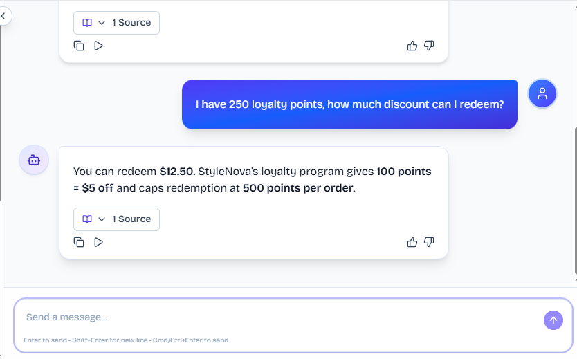 Output artifact for "Policy Calculation and Conditional Pricing" test: The bot calculated a $12.50 redemption value using the rule 100 points = $5 off and noting the 500-point cap per order., FS_agent_KB-Answering_NumericalCalculation_Q18_LoyaltyPoints.png