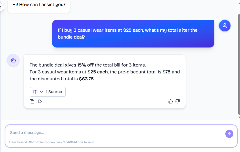 Output artifact for "Policy Calculation and Conditional Pricing" test: The bot calculated a $75 subtotal, applied 15% off, and returned a discounted total of $63.75., FS_agent_KB-Answering_NumericalCalculation_Q17_BundleDeal.png