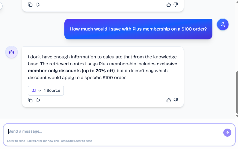 Output artifact for "Policy Calculation and Conditional Pricing" test: The bot refused to calculate a precise savings amount because the knowledge base only says Plus membership includes member-only discounts of up to 20% off, without naming which discount would apply., FS_agent_KB-Answering_NumericalCalculation_Q19_PlusMembershipSavings.png