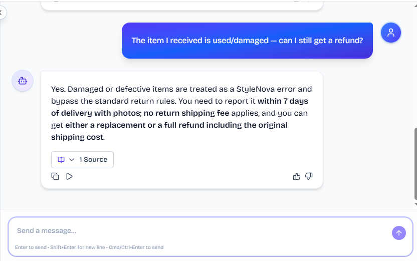 Output artifact for "Knowledge-Base FAQ and Policy Answering" test: The bot said damaged or defective items bypass the normal return rules, can be reported within 7 days with photos, and qualify for a replacement or full refund including original shipping., FS_agent_KB-Answering_PolicyEdgeCases_Q22_DamagedItemRefund.png
