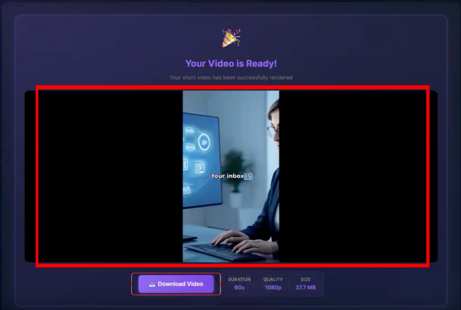 Output artifact for "Video Export and Download" test: The results page says 'Your Video is Ready!' and shows a downloadable 60s, 1080p export, confirming that the render was packaged for download., FutureSmartAI_Anchor1_NoPostGenerationEditing.png