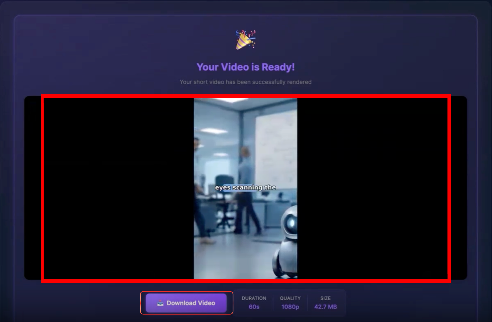 Output artifact for "Video Export and Download" test: The results page says 'Your Video is Ready!' and shows a downloadable 60s, 1080p export, confirming the same export path on the second run., FutureSmartAI_Anchor2_NoPostGenerationEditing.png