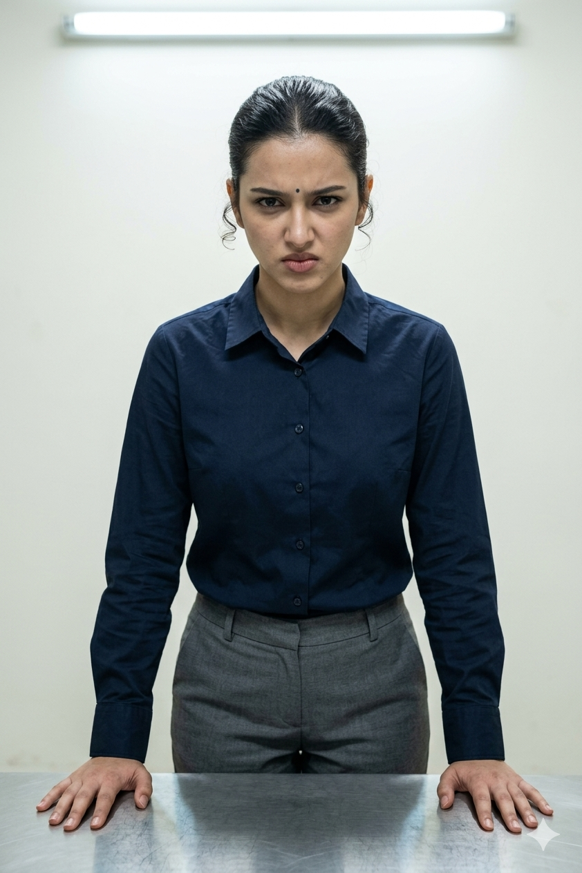 Output artifact for "Frontal interrogation-scene identity retention" test: Gemini preserved the reference identity much better in this plain scene: the eyes, nose, face shape, and overall facial structure stayed close to the source ima, gemini-interrogation-room-frontal-portrait.png