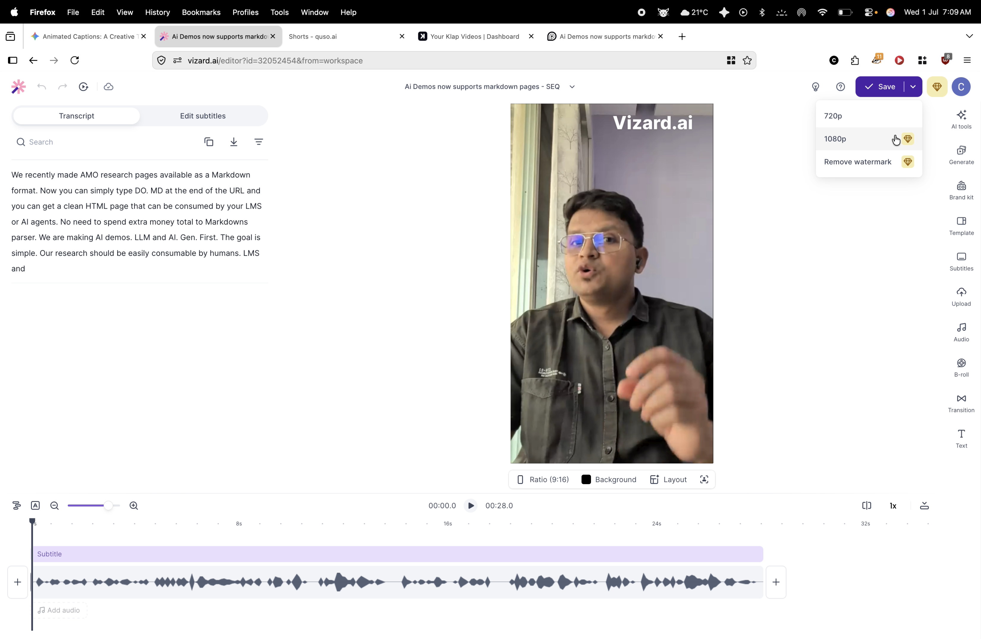 Vizard.ai output showing Export restriction screen