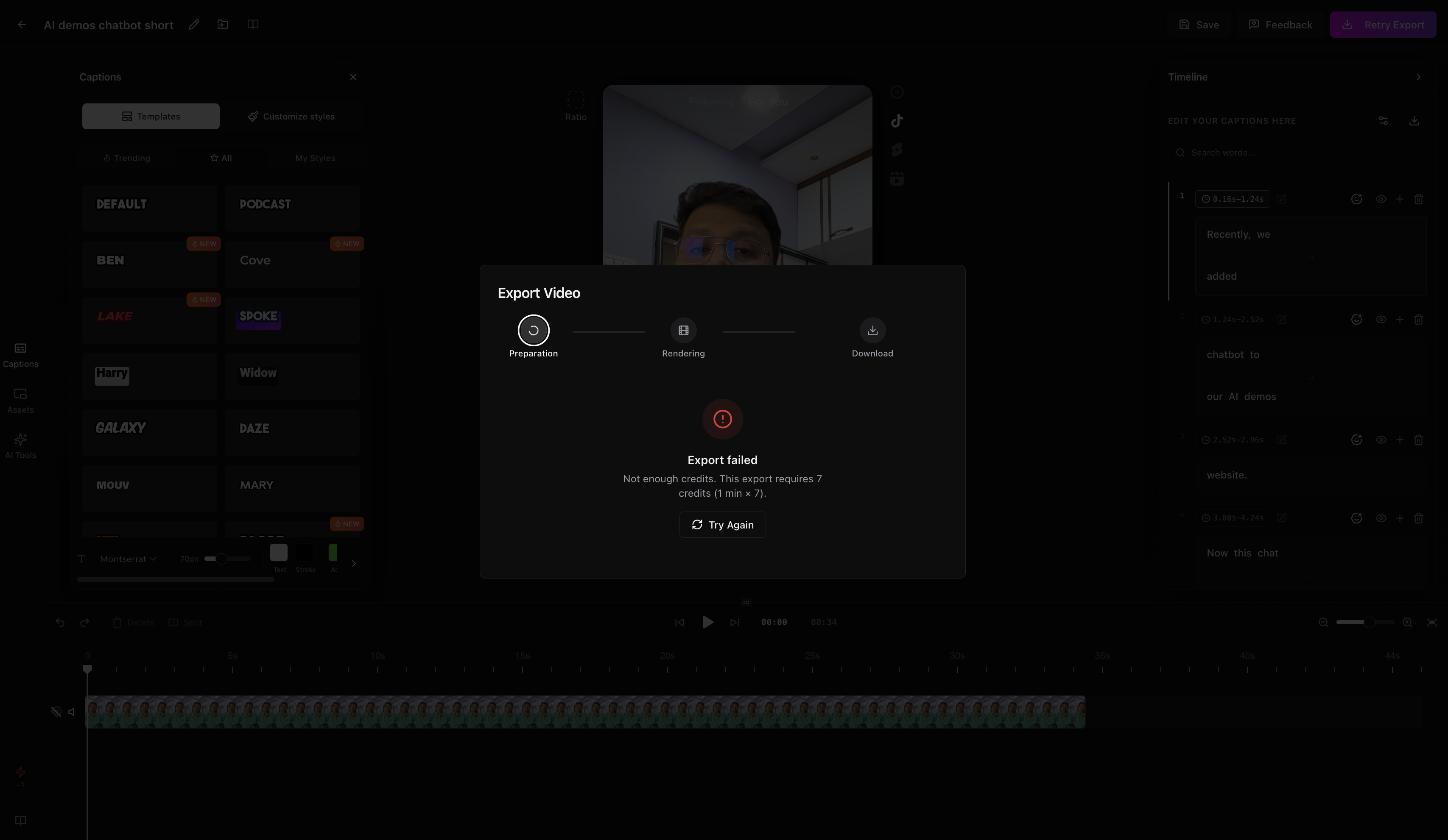 AutoCaption.io output showing Export restriction screen