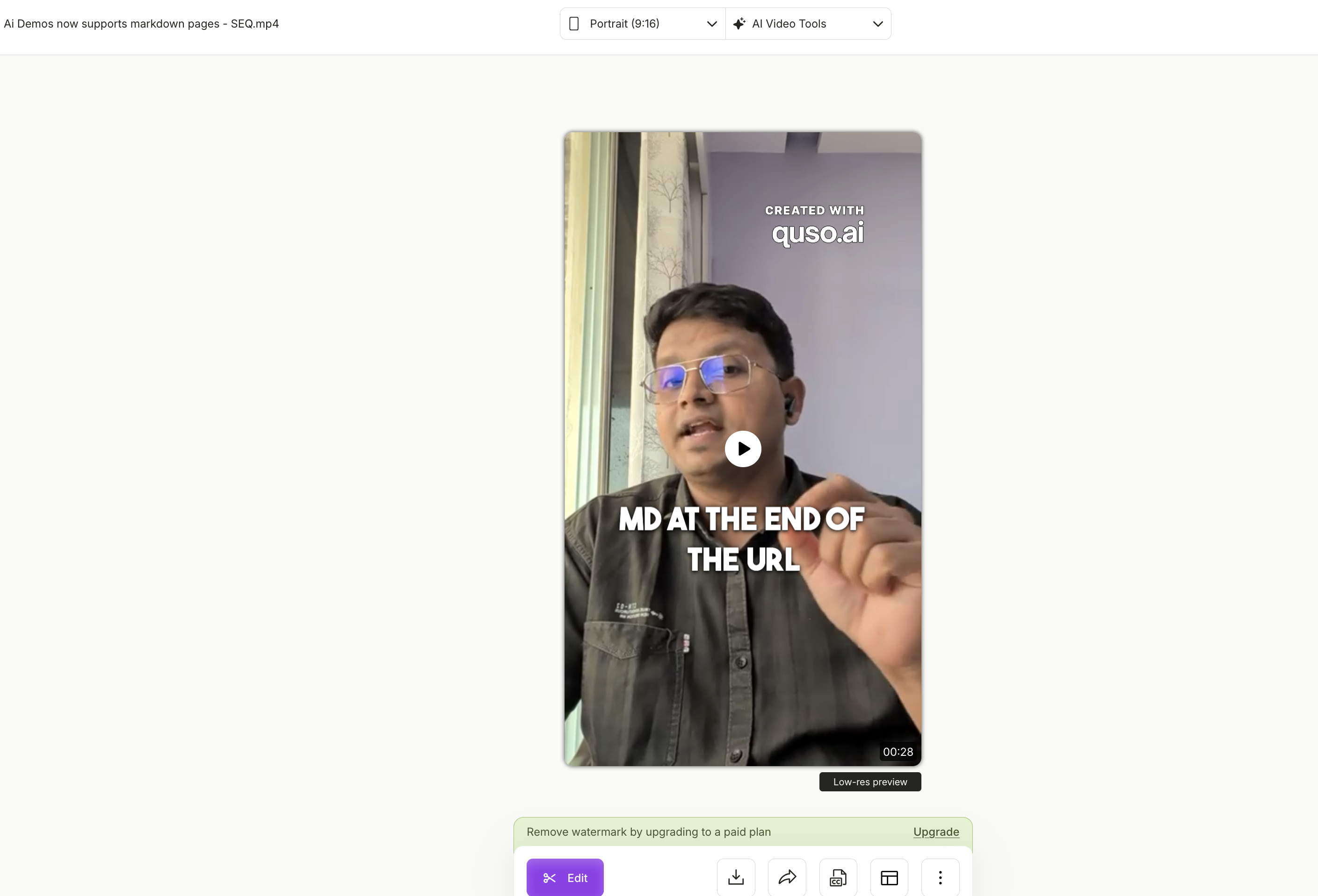 Vidyo.ai output showing Captioned preview