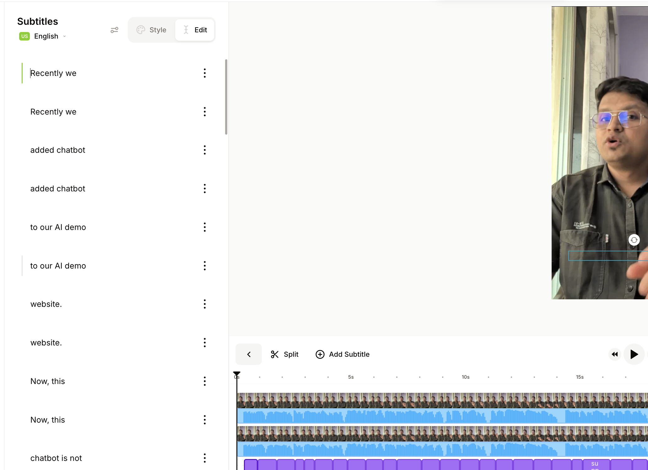 VEED.io output showing Caption editing screen