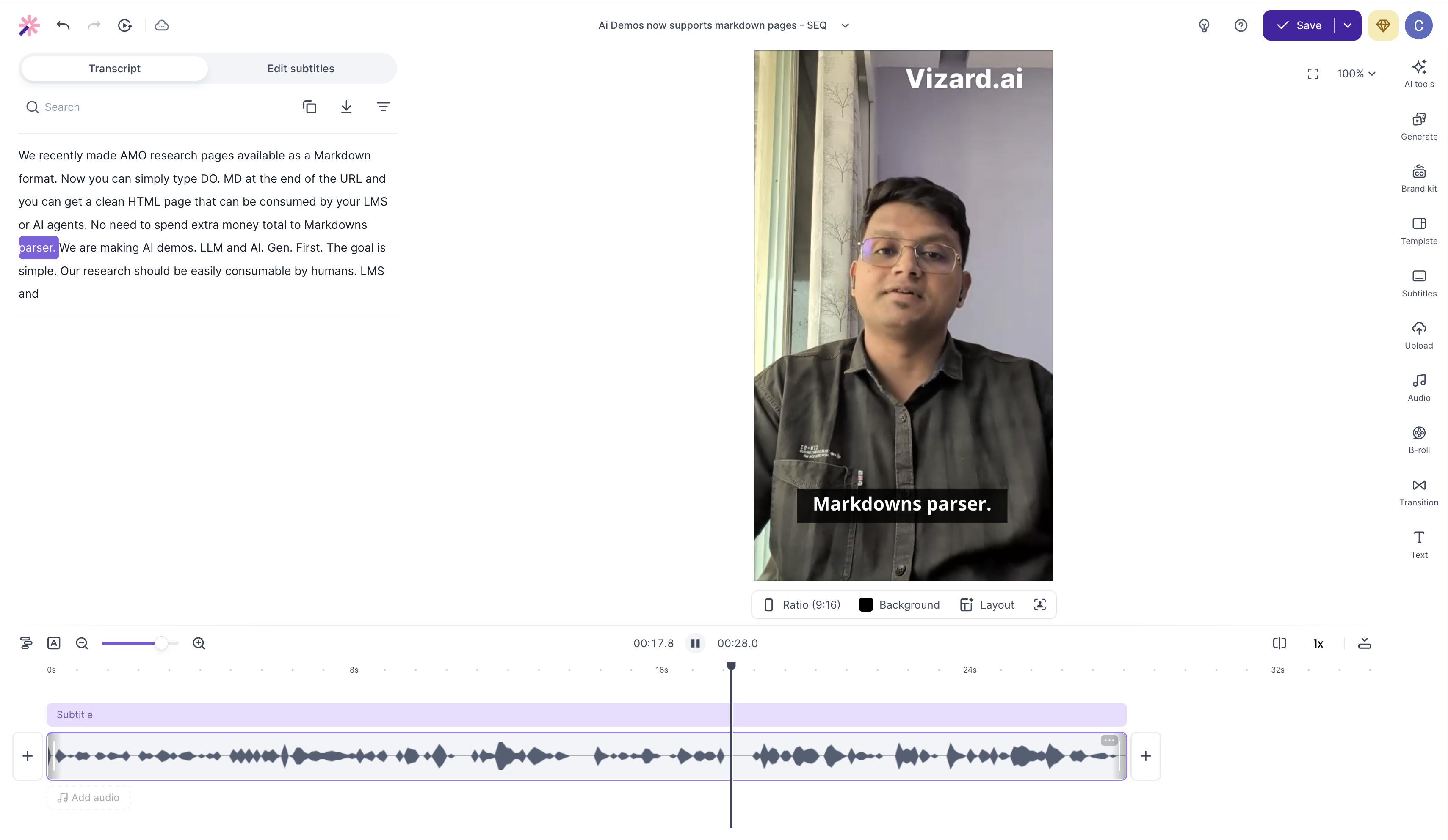 Vizard.ai output showing Captioned preview