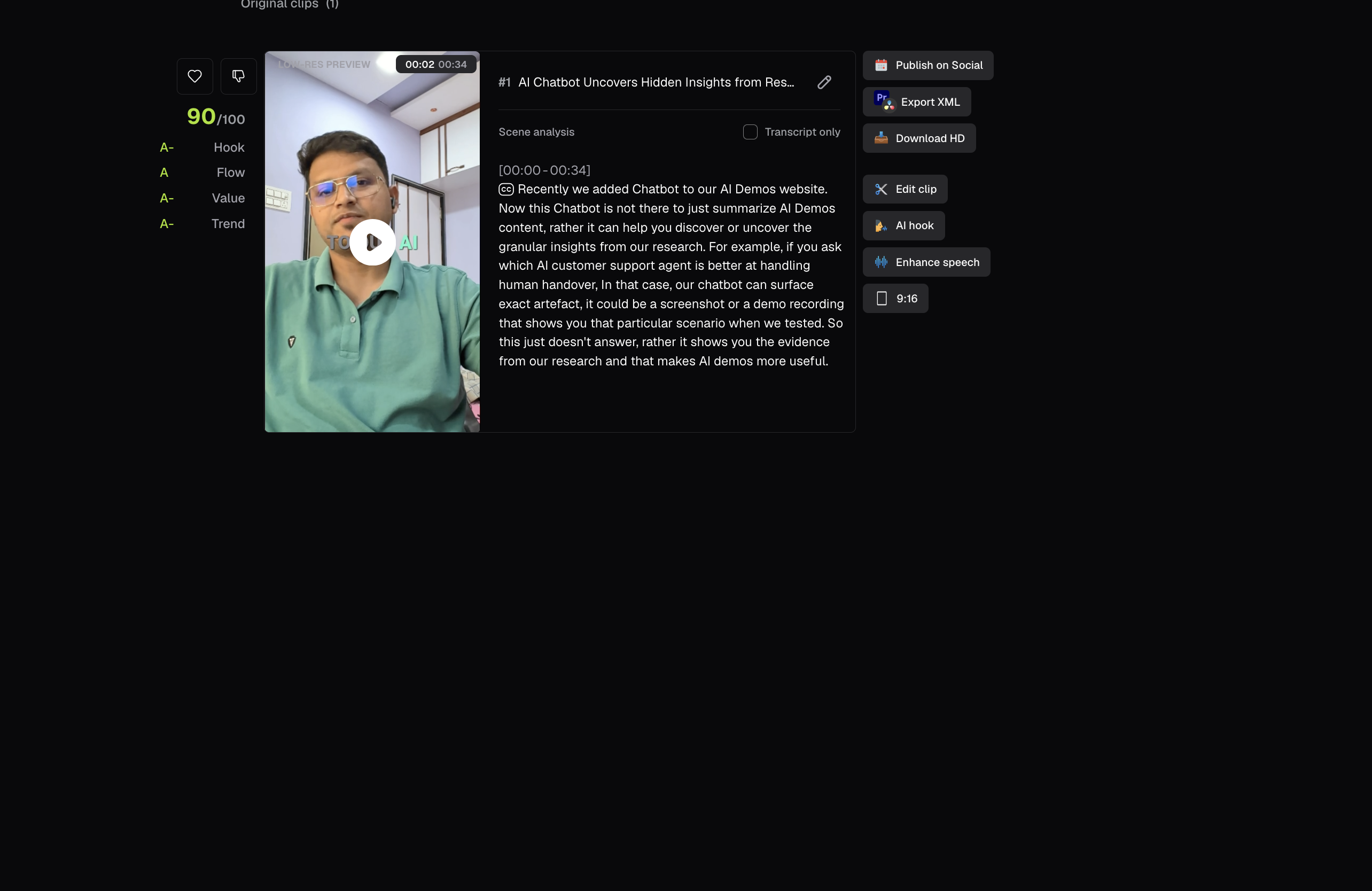Opus Clip output showing Captioned preview