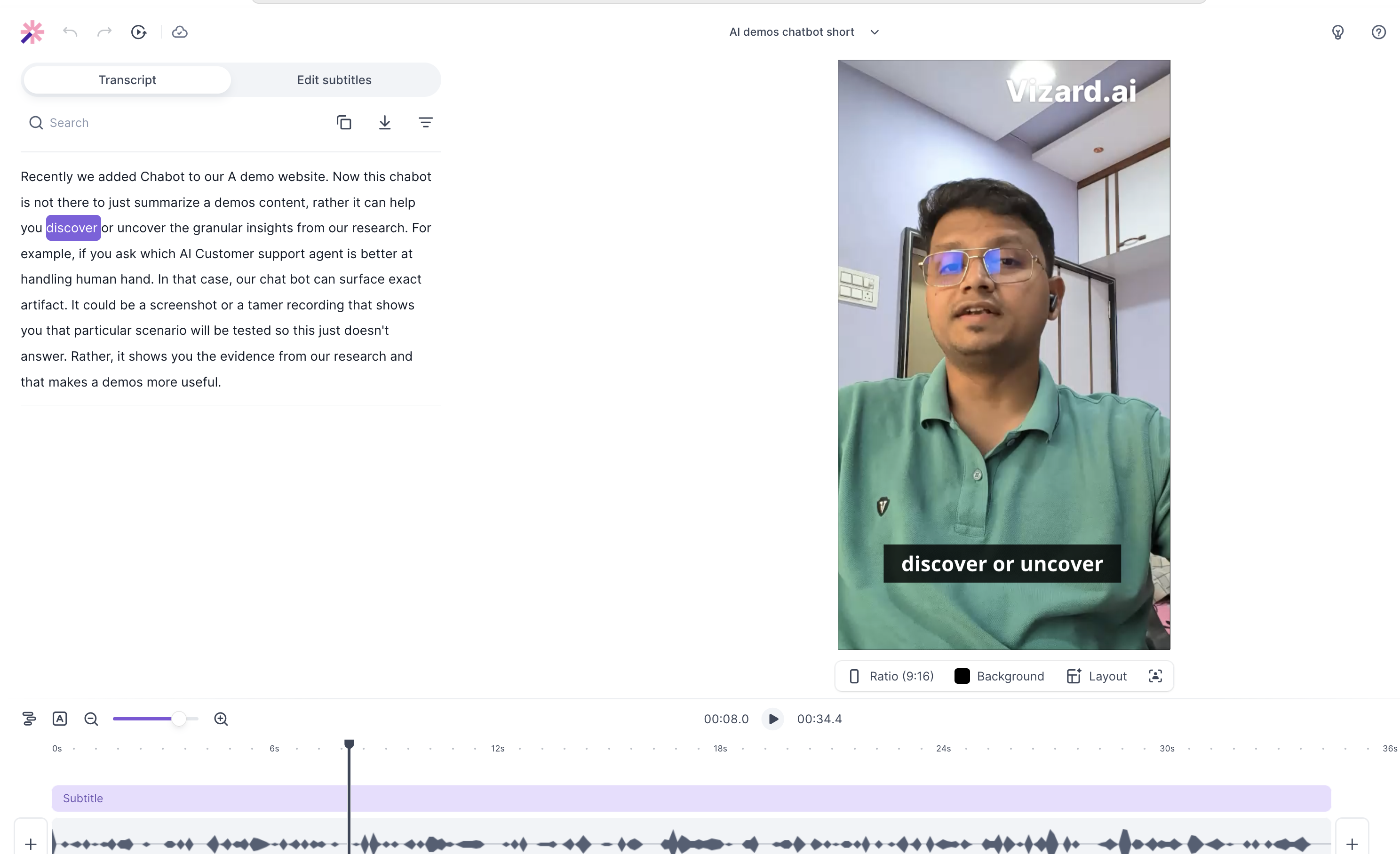 Vizard.ai output showing Captioned preview