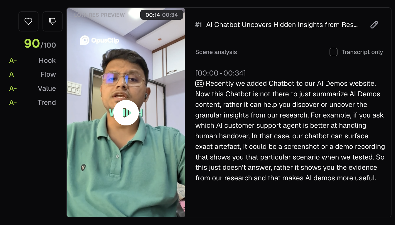 Opus Clip output showing Captioned preview