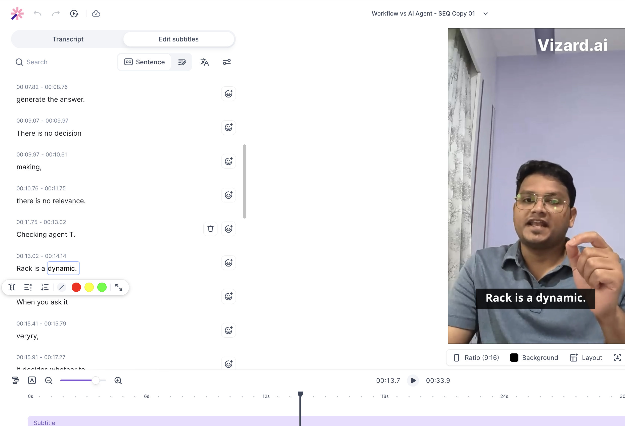 Vizard.ai output showing Captioned preview