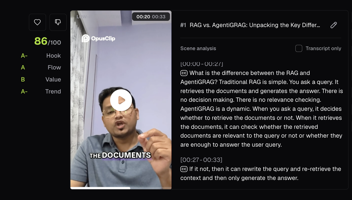 Opus Clip output showing Captioned preview