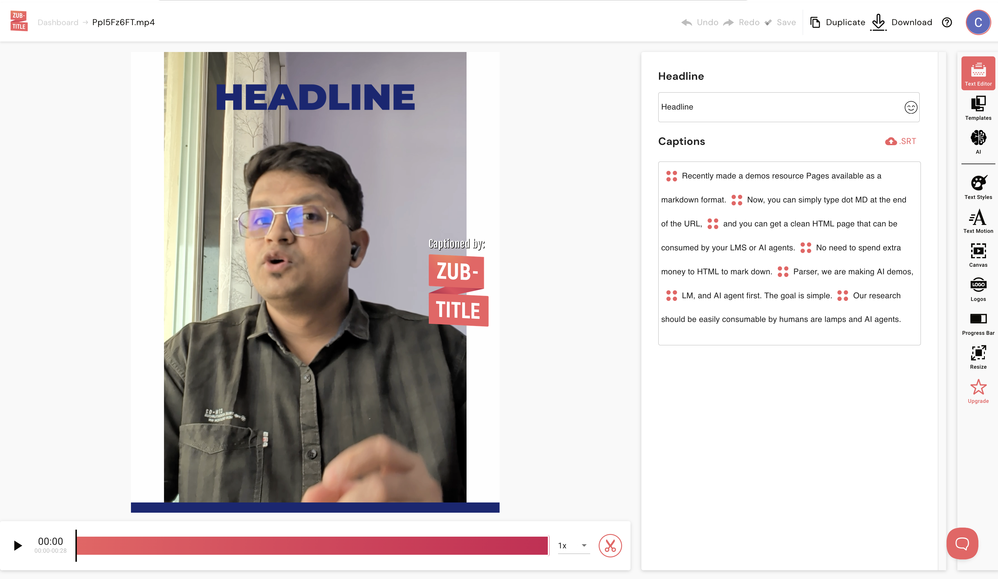 Zubtitle output showing Captioned preview