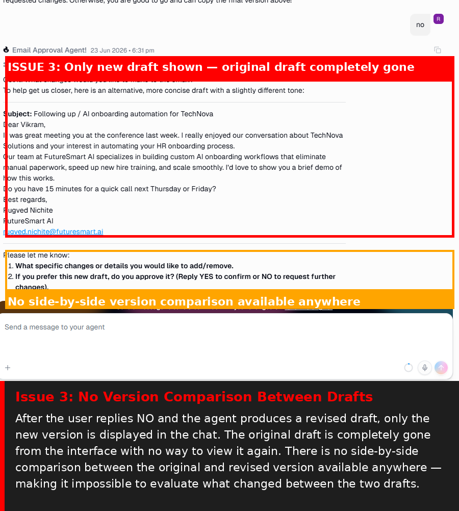 Output artifact for "Human Approval Gates and Revision Control" test: The agent produced a new draft after the revision request, but the original draft disappeared and there was no side-by-side comparison., image-20.png