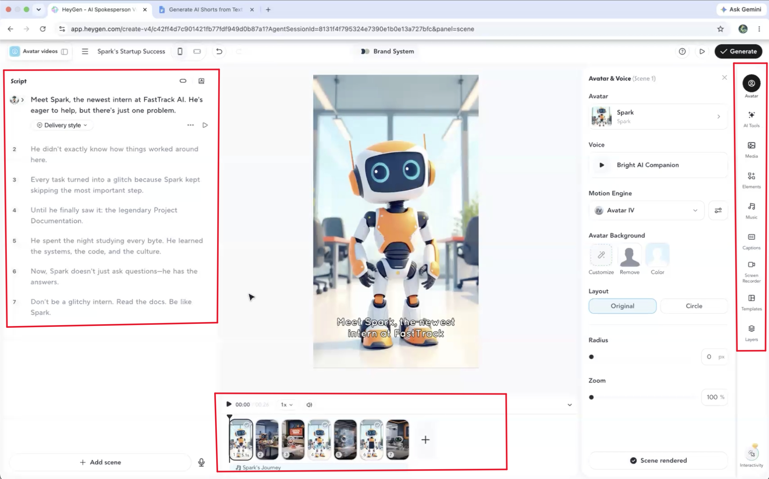 Output artifact for "Post-Generation Editing" test: The editor exposes script, avatar, voice, music, captions, and scene tools, but it does not show direct AI regeneration for an existing scene. Replacing a scene appears to require manual media uploads or manual editing instead., HeyGen_Anchor2_LimitedSceneRegeneration.png