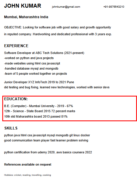Input artifact for "Work Experience and Education Extraction" test: Input, i3_p3_education_missing.png
