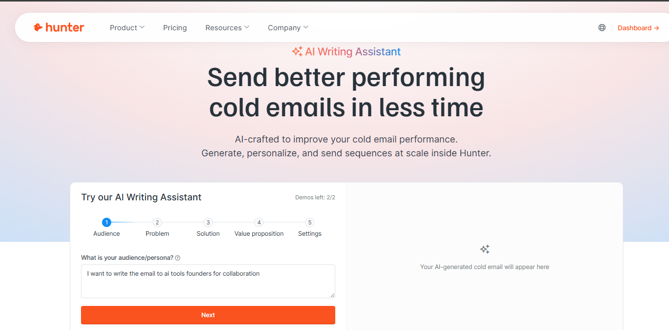 Input artifact for "AI cold-email drafting" test: Audience step input: "I want to write the email to ai tools founders for collaboration.", hunter-hunter-ai-writing-assistant-audience-step.png