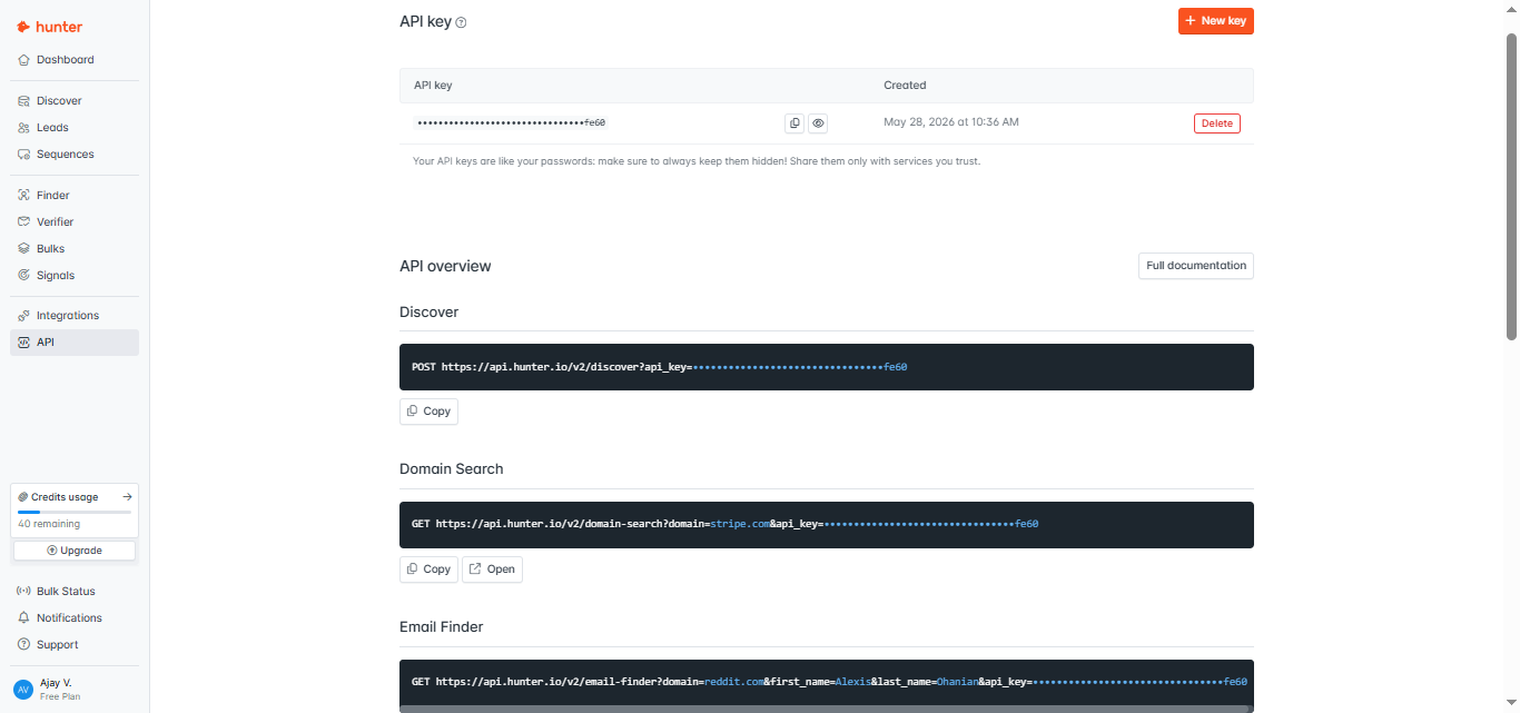 Output artifact for "API and automation readiness" test: Hunter exposed dedicated API entries for Discover, Domain Search, and Email Finder, with generated request snippets tied to the user's API key. This indicates t, hunter-hunter-api-key-and-endpoints.png