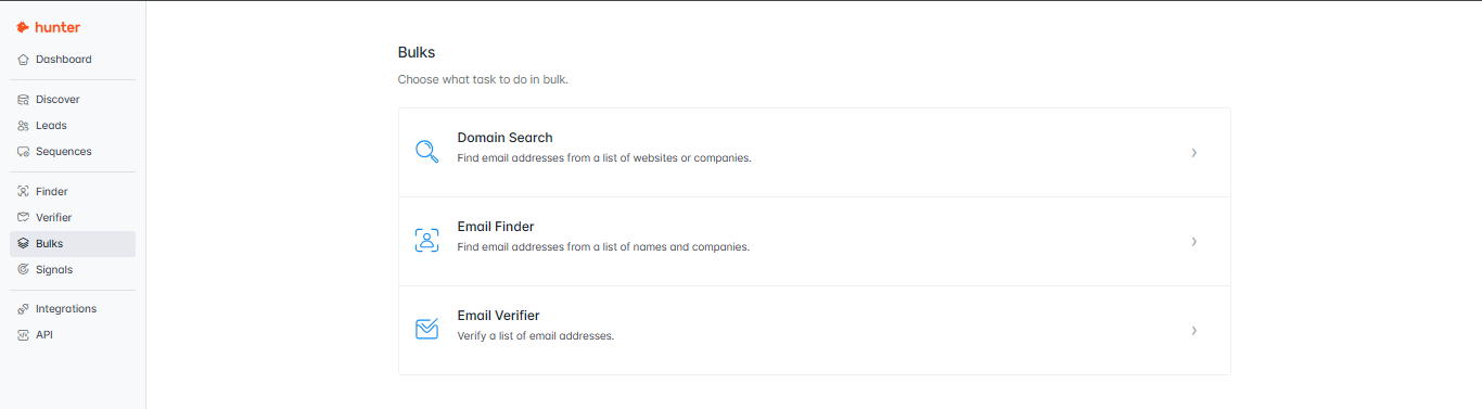 Output artifact for "Bulk prospecting and CSV email verification" test: Hunter offered three separate bulk workflows: Domain Search, Email Finder, and Email Verifier. This confirmed that the platform supports large-scale prospect di, hunter-hunter-bulks-task-selection.png