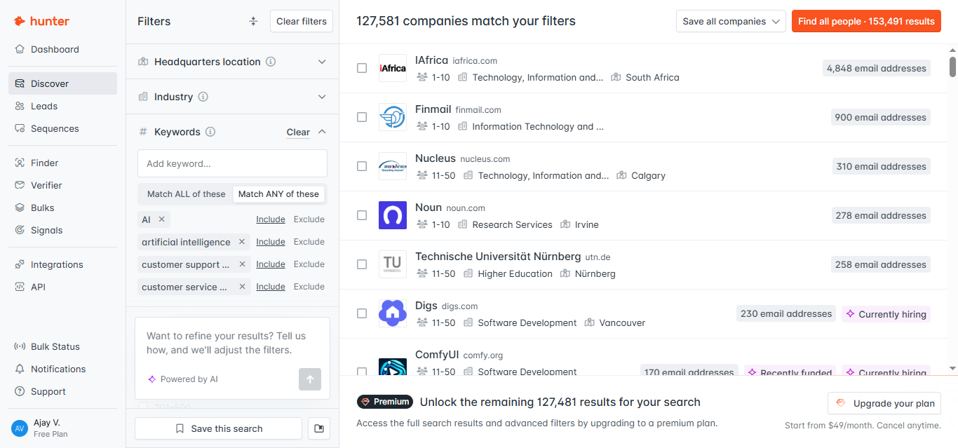 Output artifact for "AI-assisted prospect discovery from natural-language prompts" test: Hunter did not limit the output to 10 companies. Instead, it produced a very broad search with 127,581 company matches and 153,491 people results, and the visib, hunter-hunter-company-discovery-filtered-results.png