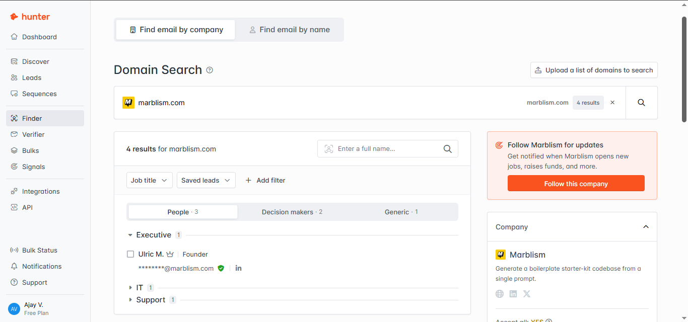 Output artifact for "Company and domain-based prospect discovery" test: Hunter returned 4 results for marblism.com and showed a company card for Marblism in the sidebar. The visible contacts included a founder plus other role-groupe, hunter-hunter-domain-search-marblism.png