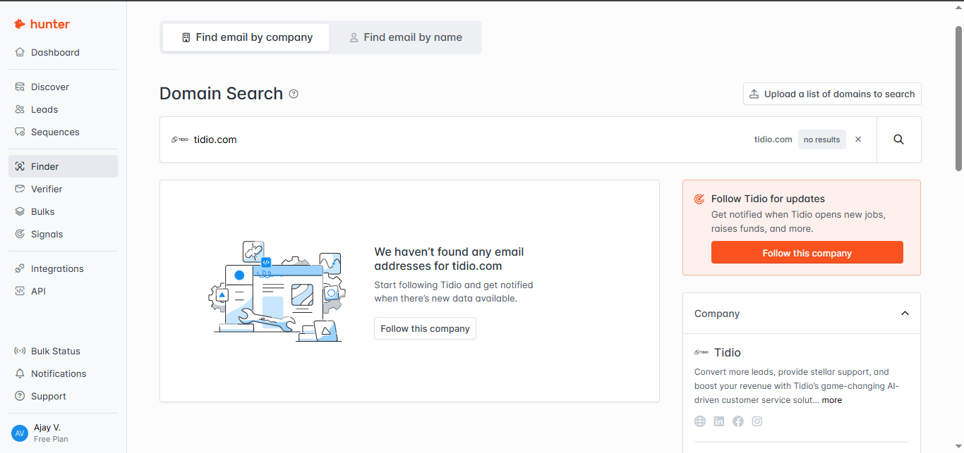 Output artifact for "Company coverage and employee freshness" test: Hunter recognized Tidio as a company and showed a company card, but it returned no email addresses for tidio.com. The workflow suggested following the company f, hunter-hunter-domain-search-no-results-tidio.png