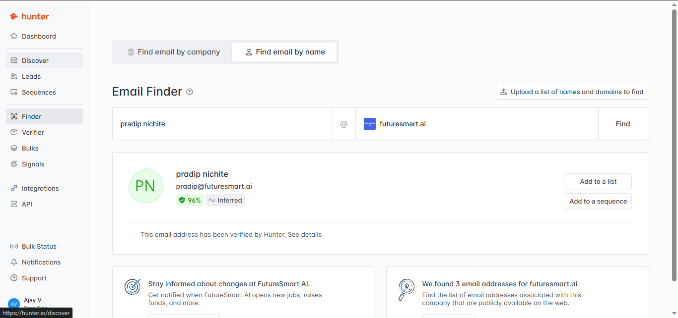 Output artifact for "Cross-workflow contact consistency and validity signals" test: Direct Email Finder returned pradip@futuresmart.ai with 96% confidence and a verified label. This showed that Hunter could find a named contact through Email Fi, hunter-hunter-email-finder-pradip-nichite.png