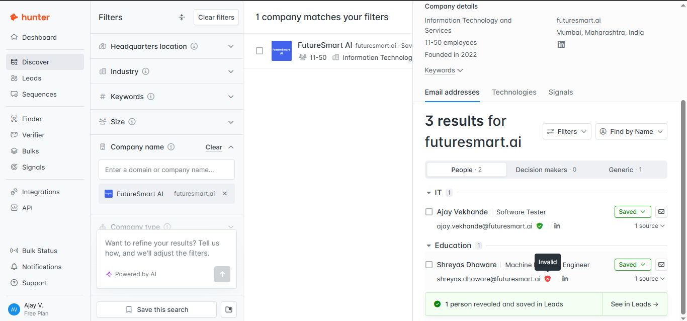 Output artifact for "Cross-workflow contact consistency and validity signals" test: The FutureSmart AI company listing still showed Ajay Vekhande and Shreyas Dhawore rather than Pradip Nichite. That means the direct person-search workflow and t, hunter-hunter-futuresmart-email-results-repeat.png