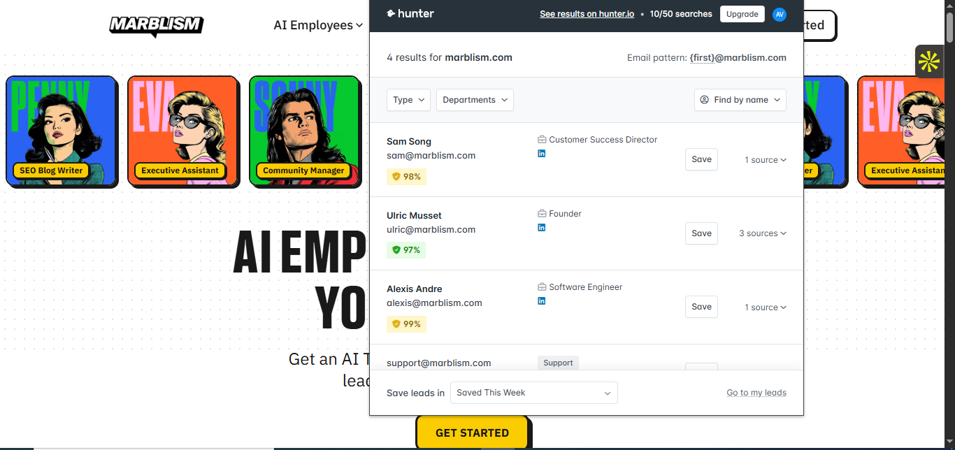 Output artifact for "Chrome extension for browsing-based discovery" test: On the Marblism website, Hunter surfaced 4 results directly inside the extension, including employee names, job roles, email addresses, confidence scores, and t, hunter-hunter-marblism-results-popup.png