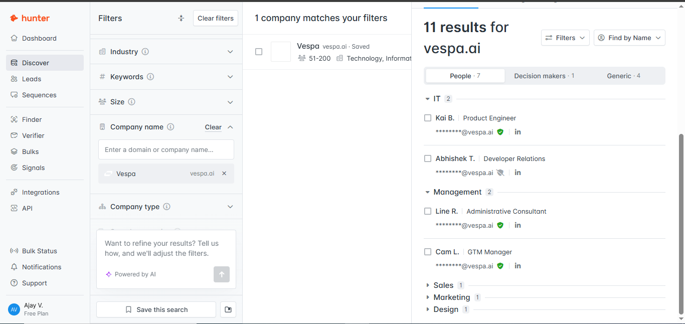 Output artifact for "Company and domain-based prospect discovery" test: Hunter found one company match for Vespa and showed 11 results for vespa.ai. The returned contacts were grouped into role buckets including IT, Management, Sale, hunter-hunter-vespa-company-results.png