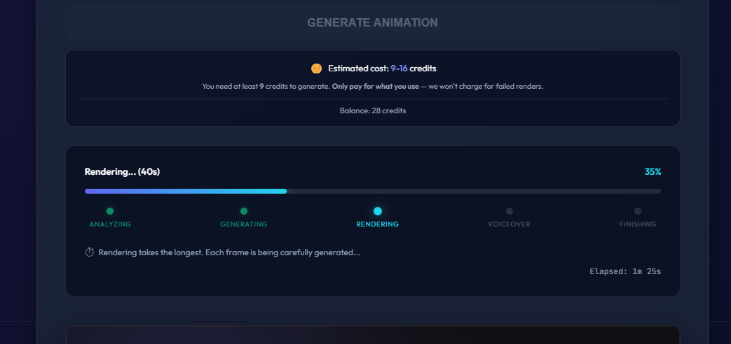 Vismo Studio screenshot showing Vismo Studio — input screen and generation process
