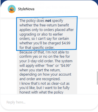 Freshdesk (Freshchat) screenshot showing Ambiguous refund-policy scenario