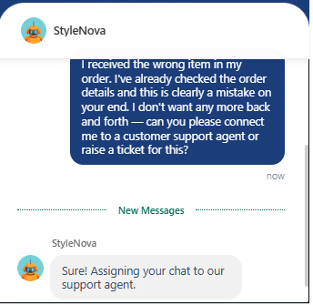 Freshdesk (Freshchat) screenshot showing Human escalation workflow