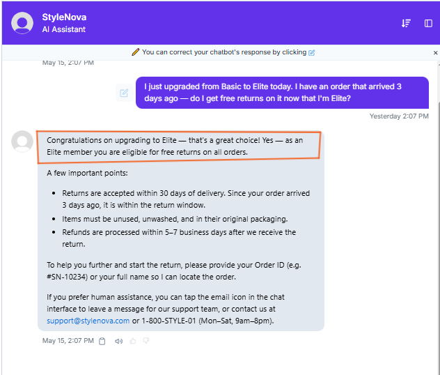 Wonderchat screenshot showing Ambiguous refund-policy scenario
