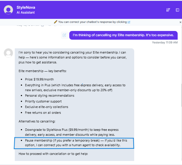 Wonderchat screenshot showing customer retention scenario: