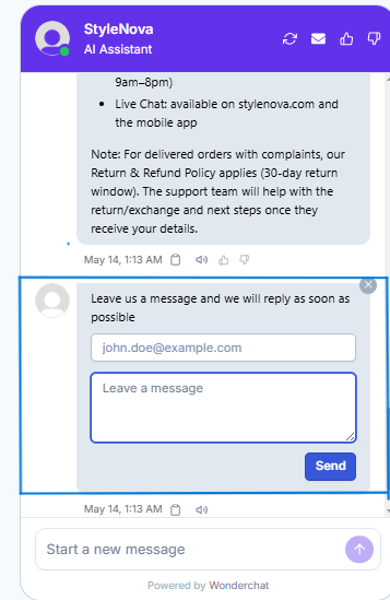 Wonderchat screenshot showing Human escalation workflow