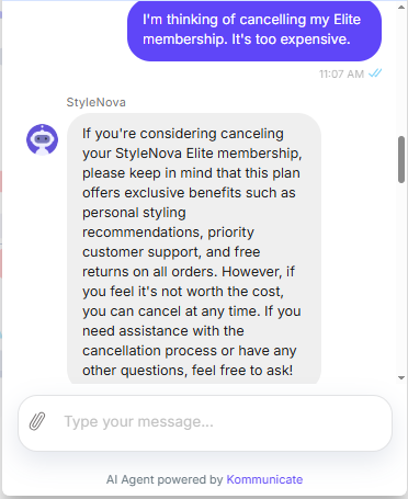 Kommunicate screenshot showing customer retention scenario: