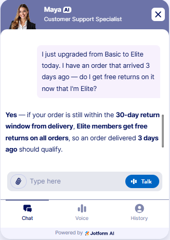Jotform screenshot showing Ambiguous refund-policy scenario